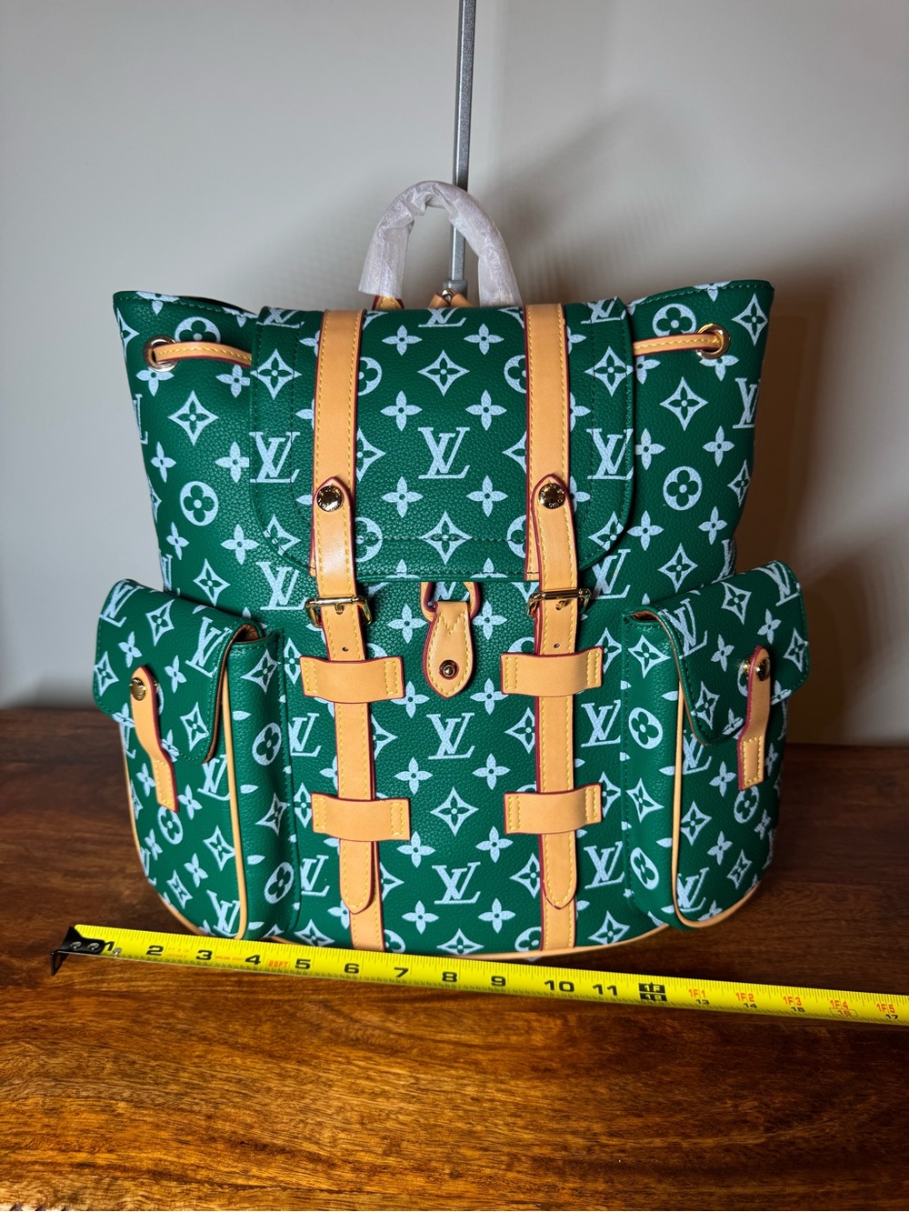 Green Canvas Backpack with Tan Straps. No Brand. Brand new.